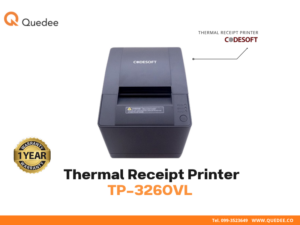 เครื่องพิมพ์ใบเสร็จ Codesoft TP-3260VL มุมบน แสดง Control Panel ปุ่ม Feed Status LED ฝาเปิดง่าย Drop-in Paper Loading Thermal 80mm รับประกัน 1 ปี - Quedee