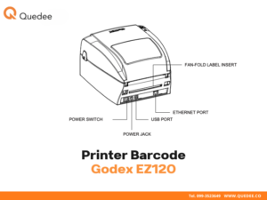 แผนผังเครื่องพิมพ์บาร์โค้ด Godex EZ120 มุมหลัง แสดง USB Port, Ethernet, Power Switch และช่องใส่กระดาษ Fan-fold รองรับการเชื่อมต่อ POS - Quedee