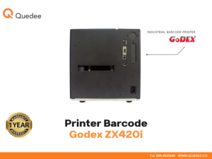 เครื่องพิมพ์บาร์โค้ดอุตสาหกรรม Godex ZX420i มุมหลัง แสดงพอร์ต USB, Ethernet LAN, RS-232 Serial, Power Inlet และช่อง Fan-fold รองรับการเชื่อมต่อระบบครบครัน - Quedee