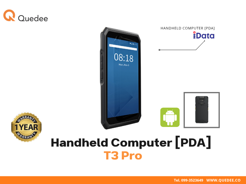 เครื่อง PDA Android iData T3 Pro Octa-Core 2.2GHz 6nm AnTuTu 300,000+ Android 13 หน้าจอ 5.5 นิ้ว Scanner เอียง 45 องศา แบต 5000mAh Hot-Swap IP67 สำหรับขนส่งพัสดุ Kerry Flash J&T รับประกัน 1 ปี - Quedee