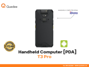 เครื่อง PDA Android iData T3 Pro ด้านหลัง โชว์ปุ่ม Side Trigger สีเหลือง 2 ฝั่งใช้ถนัดทั้งซ้าย-ขวา Scanner เอียง 45° ลำโพง Loud Speaker ฝา Battery Cover ถอดได้ Rugged Design ทนตก IP67 สำหรับ Courier ขนส่ง - Quedee