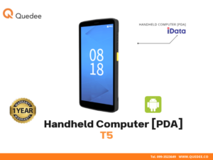 เครื่อง PDA Android iData T5 มุมเฉียงด้านข้าง โชว์ปุ่ม Side Trigger สีเหลือง ดีไซน์เพรียวบาง น้ำหนัก 238g หน้าจอ 6 นิ้ว IPS ขอบโค้ง Ergonomic Grip ถือถนัดมือใช้งานทั้งวันไม่เมื่อย คลังสินค้า โลจิสติกส์ - Quedee