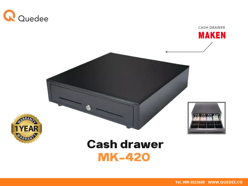 ลิ้นชักเก็บเงิน Maken MK-420 ตัวเหล็กสีดำทนทาน ขนาด 420mm กุญแจล็อค 3 ตำแหน่ง รองรับ RJ11 ใช้กับเครื่องพิมพ์ใบเสร็จทุกยี่ห้อ Loyverse POSPOS เหมาะกับร้านอาหาร รับประกัน 1 ปี - Quedee