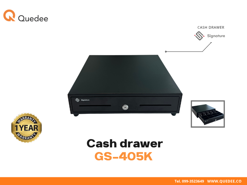 ลิ้นชักเก็บเงิน Signature GS-405K Cash Drawer RJ-11 5 ช่องธนบัตร 8 ช่องเหรียญ ขนาด 405mm รองรับ LINE Man POS Wongnai POS Loyverse Ocha POS รับประกัน 1 ปี - Quedee