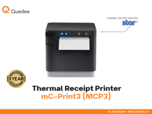 เครื่องพิมพ์ใบเสร็จ Star mC-Print3 MCP3 กำลังพิมพ์ใบเสร็จออกด้านหน้า แสดง LED Status สีน้ำเงิน Power และ Bluetooth Active พิมพ์เงียบ เร็ว 80mm รับประกัน 1 ปี - Quedee