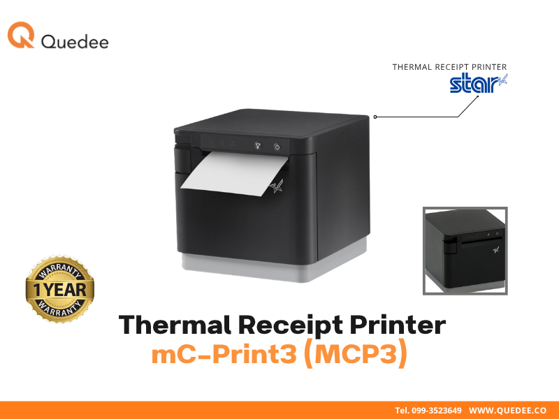 เครื่องพิมพ์ใบเสร็จ Star mC-Print3 MCP3 รุ่นพรีเมียม Japan IPX2 กันน้ำ รองรับ CloudPRNT Bluetooth iPad iOS Android USB-C ขนาดเล็ก 80mm รับประกัน 1 ปี - Quedee