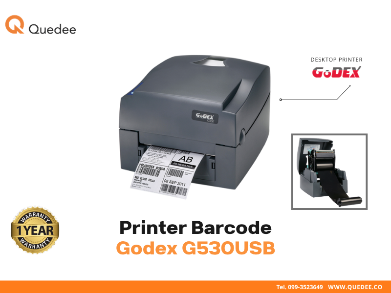 เครื่องพิมพ์บาร์โค้ด Godex G530USB Desktop Thermal Transfer 300 DPI ความเร็ว 4 ips Twin-Sensor พิมพ์ฉลากกว้าง 4 นิ้ว USB Serial Ethernet เหมาะกับงานคุณภาพสูง ฉลากยา เครื่องสำอาง อาหาร รับประกัน 1 ปี - Quedee