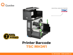 เครื่องพิมพ์บาร์โค้ด Industrial TSC MH341 เปิดฝาเห็นภายใน Ribbon Spindle Media Roll Holder Print Head 300 DPI TPH Care Mechanism Color Touch Display 3.5 นิ้ว Damper Arms สีเขียว All-Metal Frame ใส่ Ribbon ง่าย โรงงาน Industrial - Quedee